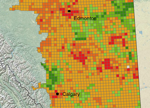 Excerpt of a map from the first year report for ALI's project 'Economic Evaluation of Farmland Conversion and Fragmentation in Alberta' (Haarsma et al., 2014, pg. 17))